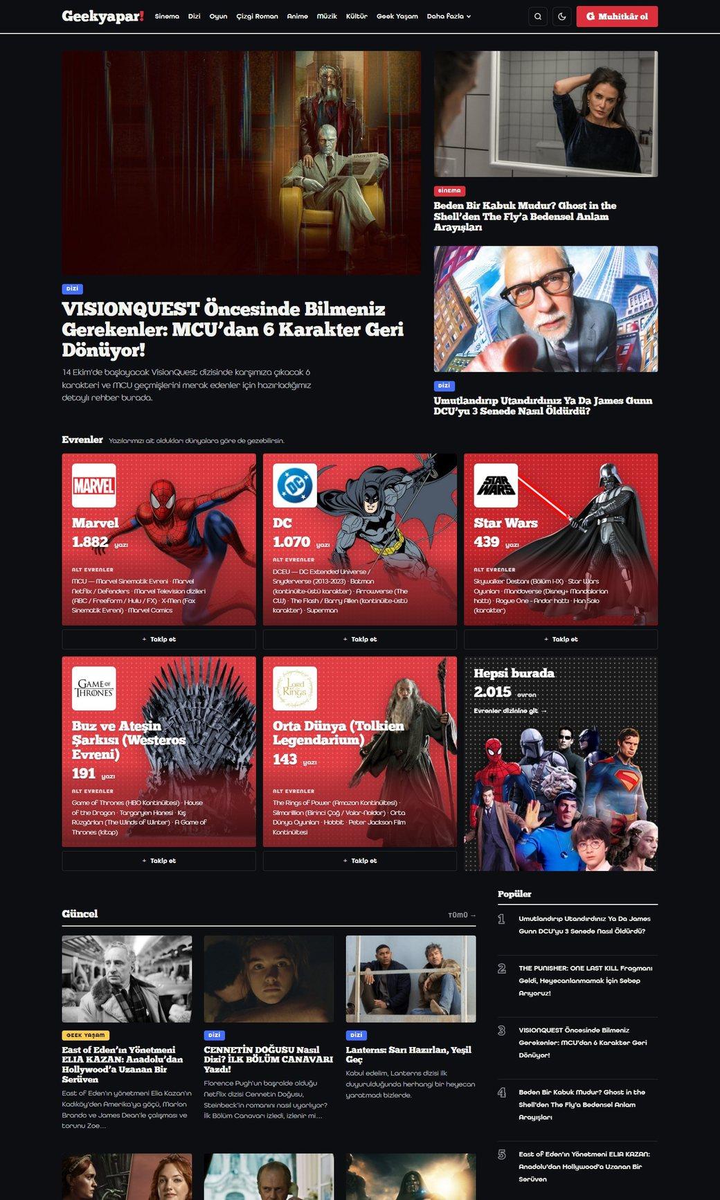 Geekyapar ana sayfası: manşet yazılar ve evren kartları
